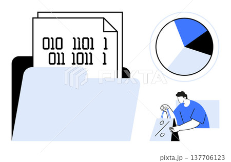Data analysis, e-commerce, digital transformation, information storage, behavior tracking, cybersecurity. Binary files in folder, pie chart person with shopping bag. Data analysis and e-commerce 137706123