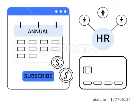 Human resources, subscription management, online payments, payroll services, membership renewal, business administration. Annual calendar subscription, payment card HR connection icons. Human 137706124