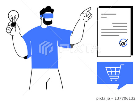Virtual reality, e-commerce, technology innovation, business contracts, digital signing, futuristic shopping. A man wearing VR glasses holds a light bulb and points at a document. Virtual reality Virtual reality, e-commerce, technology innovation, business contracts, digital signing, futuristic shopping. A man wearing VR glasses holds a light bulb and points at a document. Virtual reality 137706132