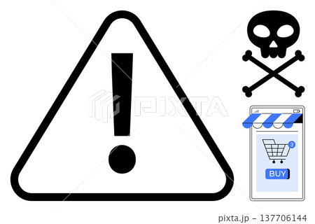 Consumer safety, online fraud prevention, ecommerce risks, cybersecurity awareness, internet scams, purchase security. Warning sign, skull and shopping icon. Consumer safety and online fraud topics 137706144