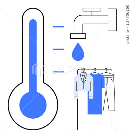 Climate control, eco-friendly practices, water conservation, laundry care, household utilities, sustainability. Thermometer, faucet with water drops shirt and pants on a hanger. Climate control 137706160