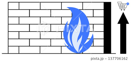 Cybersecurity, data protection, transaction security, online shopping, firewall, digital safety. Brick wall with a blue flame beside e-commerce cart icon and arrow. Cybersecurity and data protection 137706162