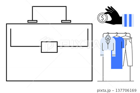 Business finance, career planning, work essentials, commerce, retail, formal wear. Large briefcase illustration with clothing on hangers and coin in hand. Finance and career planning concept 137706169