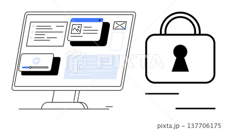 Data privacy, online security, personal information protection, cybersecurity, secure access, web safety. Monitor displaying interface designs with a lock icon. Data privacy and online security 137706175