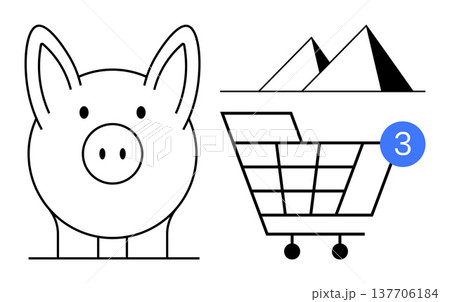 Online shopping, budgeting, travel planning, e-commerce, vacation destinations, and finance. Black and white piggy bank, shopping cart with notification and pyramids. Budgeting and e-commerce Online shopping, budgeting, travel planning, e-commerce, vacation destinations, and finance. Black and white piggy bank, shopping cart with notification and pyramids. Budgeting and e-commerce 137706184