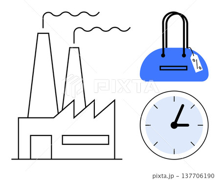 Manufacturing, retail production, product branding, time management, consumer goods, industry workflow. Factory with smokestacks, handbag with tag and clock. Manufacturing workflow and retail Manufacturing, retail production, product branding, time management, consumer goods, industry workflow. Factory with smokestacks, handbag with tag and clock. Manufacturing workflow and retail 137706190