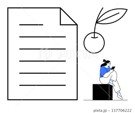 Education, creativity, remote learning, digital workflow, organization, content creation. Bold document icon, cherry symbol person using a tablet. Education and creativity concept 137706222