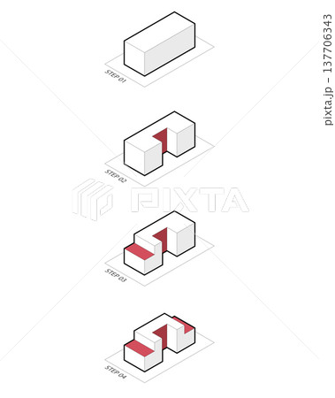 Isometric architectural massing diagram showing step by step building development. Minimal block transformation process for urban planning and design presentation. Isometric architectural massing diagram showing step by step building development. Minimal block transformation process for urban planning and design presentation. 137706343