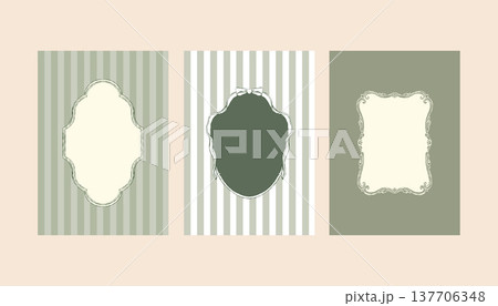 Vintage green set of postcard templates with Baroque and Rococo frames and space for text. Classic frames with hand-drawn swirls and bows. Whimsical Victorian-style striped posters for wedding 137706348