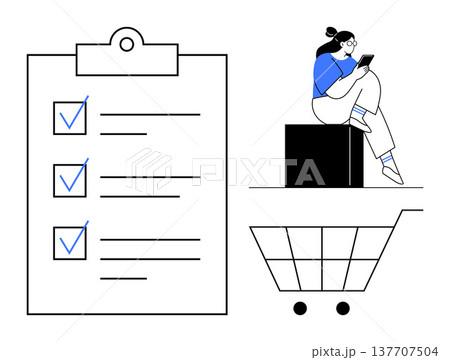 Online shopping, task management, digital workflow, e-commerce, productivity, goal setting. A to-do list with checkmarks, a shopping cart and a person using a smartphone. Online shopping and task 137707504