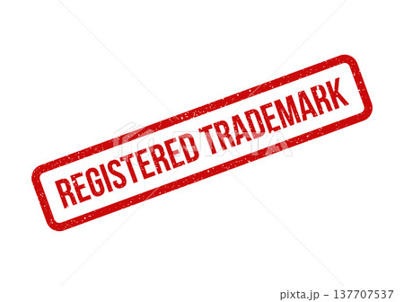 Grungy red rubber stamp displaying registered trademark notification for intellectual property protection Grungy red rubber stamp displaying registered trademark notification for intellectual property protection 137707537