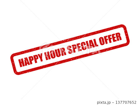 Grungy red rubber stamp with distressed texture indicating a happy hour special offer promotion Grungy red rubber stamp with distressed texture indicating a happy hour special offer promotion 137707652