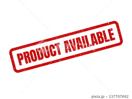 Grungy red rubber stamp with the distinct message product available, signifying item readiness for customers 137707692