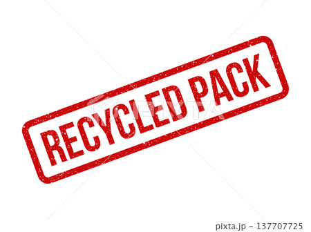 Grungy red stamp displaying recycled pack message with distressed texture for sustainable product identification Grungy red stamp displaying recycled pack message with distressed texture for sustainable product identification 137707725