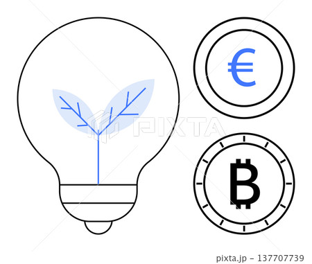 Renewable energy, cryptocurrency, financial technology, eco-finance, digital economy, blockchain. Light bulb with leaf inside next to Euro and Bitcoin coins. Renewable energy and cryptocurrency theme Renewable energy, cryptocurrency, financial technology, eco-finance, digital economy, blockchain. Light bulb with leaf inside next to Euro and Bitcoin coins. Renewable energy and cryptocurrency theme 137707739