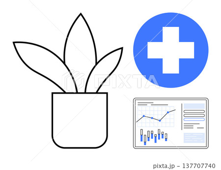 Healthcare innovation, medical data, business growth, sustainability, data visualization, wellness. A potted plant, medical cross and data chart. Healthcare innovation and business growth ideas 137707740