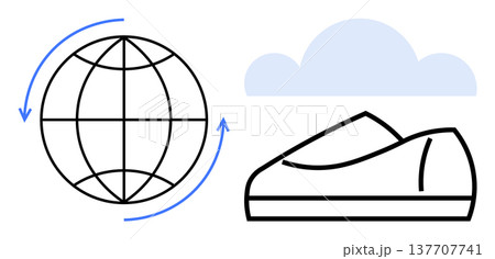 Eco-conscious living, sustainability, travel, global connections, eco-lifestyle, environmental awareness. Globe and shoe with cloud accent. Sustainability and eco-conscious living concepts Eco-conscious living, sustainability, travel, global connections, eco-lifestyle, environmental awareness. Globe and shoe with cloud accent. Sustainability and eco-conscious living concepts 137707741