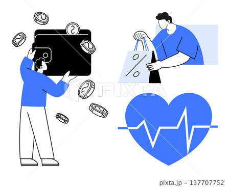 Personal finance, consumer behavior, healthcare apps, budgeting, online purchases, and saving money. Man holding a wallet with coins, person carrying shopping bags heart with pulse line. Financial 137707752