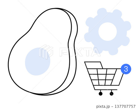 Food shopping, online grocery, digital services, e-commerce platforms, technology integration, consumer choices. Minimalist design of avocado, gear shopping cart with notification. Food shopping Food shopping, online grocery, digital services, e-commerce platforms, technology integration, consumer choices. Minimalist design of avocado, gear shopping cart with notification. Food shopping 137707757