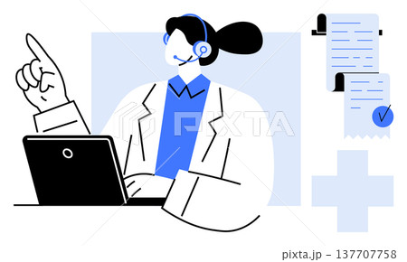 Online consultations, remote care, medical record management, healthcare communication, digital diagnosis, telemedicine. A woman in a headset pointing near documents and computer. Online 137707758