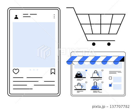 E-commerce, online shopping, digital marketing, mobile app design, retail technology, user interface. Mobile app post, shopping cart and website display. E-commerce and online shopping concept 137707782