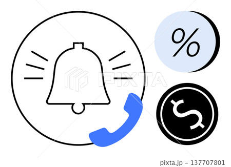 Financial management, notifications, sales alerts, business communication, reminders, call services. Bell with alert lines, percentage dollar and phone icons. Financial management and notifications 137707801