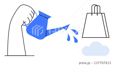 Growth, e-commerce, sustainability, business development, environmental care, irrigation. Hand pouring water from a watering can onto a cloud near a shopping bag. Growth and e-commerce concept Growth, e-commerce, sustainability, business development, environmental care, irrigation. Hand pouring water from a watering can onto a cloud near a shopping bag. Growth and e-commerce concept 137707813