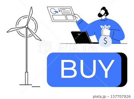Sustainable energy, e-commerce, online transactions, financial investment, green technology, eco-friendly marketplace. Wind turbine and person holding money next to a digital buy button. Sustainable 137707826