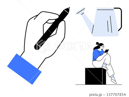 Creative thinking, graphic design, productivity, remote work, self-development, innovation. Hand holding a pen, a watering can and a person with a smartphone. Creative thinking and graphic design Creative thinking, graphic design, productivity, remote work, self-development, innovation. Hand holding a pen, a watering can and a person with a smartphone. Creative thinking and graphic design 137707854