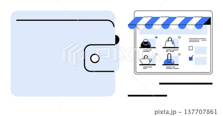 E-commerce, digital payments, online shopping, financial transactions, consumer goods, technology. Digital wallet next to a shopping website interface. E-commerce and digital payments concept 137707861
