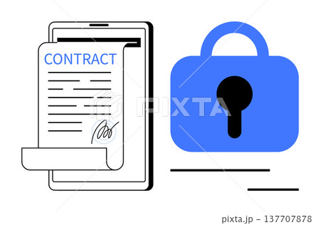 Online contracts, digital security, data protection, legal agreements, electronic signatures, cybersecurity. Mobile device displaying a contract and a blue padlock. Digital security and data Online contracts, digital security, data protection, legal agreements, electronic signatures, cybersecurity. Mobile device displaying a contract and a blue padlock. Digital security and data 137707878