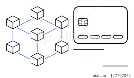Blockchain, digital payments, financial technology, data security, decentralized systems, online transactions. Connected cubes and a credit card. Blockchain and digital payments concept Blockchain, digital payments, financial technology, data security, decentralized systems, online transactions. Connected cubes and a credit card. Blockchain and digital payments concept 137707879