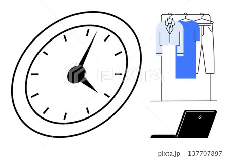 Time management, remote work, wardrobe planning, productivity, organization, work-life balance. A clock, laptop and clothing on a rack. Time management and remote work 137707897