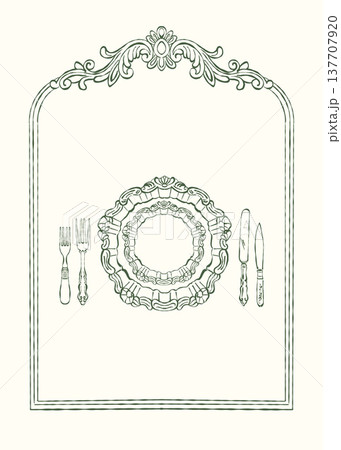 A vintage postcard, menu, or invitation template featuring vintage cutlery and a Victorian-style frame. A wedding poster with space for text in the Rococo and Baroque styles. Vector outline 137707920