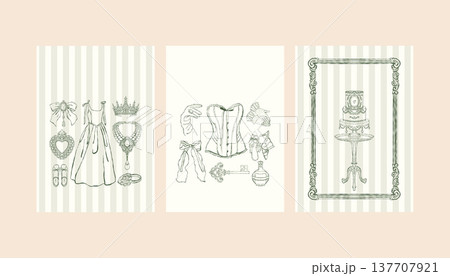 A set of postcard templates featuring vintage womens wedding accessories. A collection of invitations and posters in the Rococo and Baroque styles. Historical womens costume and interior. Vector 137707921