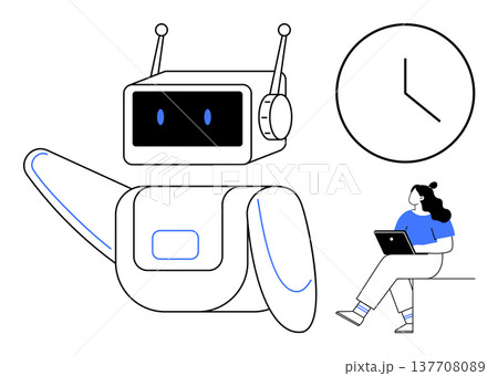 Artificial intelligence, time management, digital work, automation, remote work, human-machine interaction. A robot, a clock and a woman using a laptop. Artificial intelligence and time management 137708089
