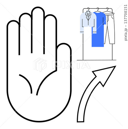 Fashion decision-making, shopping concept, choices, progress, consumer behavior, marketing strategy. A hand icon near clothes on hangers with an upward arrow. Fashion decision-making and shopping Fashion decision-making, shopping concept, choices, progress, consumer behavior, marketing strategy. A hand icon near clothes on hangers with an upward arrow. Fashion decision-making and shopping 137708151