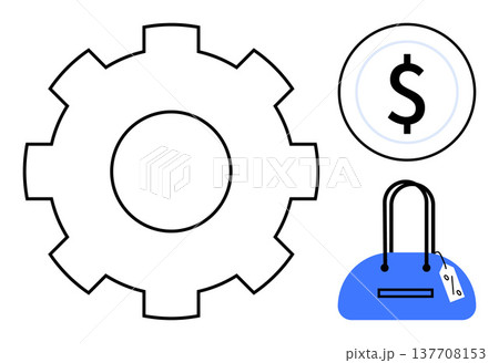 Finance, e-commerce, retail, economic development, business operations, consumer behavior. Gear, dollar coin and tagged shopping bag illustration. Finance and e-commerce Finance, e-commerce, retail, economic development, business operations, consumer behavior. Gear, dollar coin and tagged shopping bag illustration. Finance and e-commerce 137708153