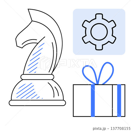 Business strategy, decision-making, productivity, problem-solving, goal achievement, teamwork. Black chess knight, gear cog and gift box with bow. Strategy and problem-solving visual theme Business strategy, decision-making, productivity, problem-solving, goal achievement, teamwork. Black chess knight, gear cog and gift box with bow. Strategy and problem-solving visual theme 137708155