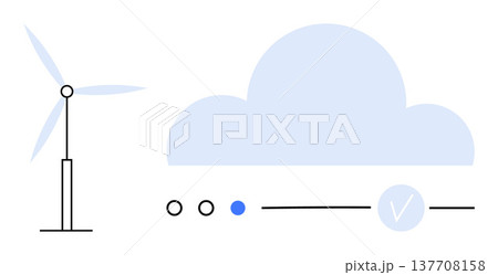 Renewable energy, sustainability, cloud computing, data storage, eco-friendly solutions, efficiency. A wind turbine next to a cloud icon with process indicators. Renewable energy and cloud computing 137708158