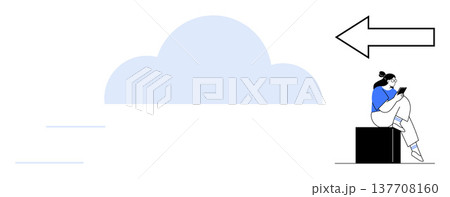 Cloud storage, mobile connectivity, data sharing, digital transformation, navigation, user interface. Woman sitting on a box using a phone, large cloud arrow pointing left. Cloud storage and mobile 137708160