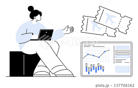 Travel planning, data analysis, business strategy, digital nomads, trip management, ticket booking. Woman with laptop, flight tickets data charts. Travel planning and data analysis concept 137708162