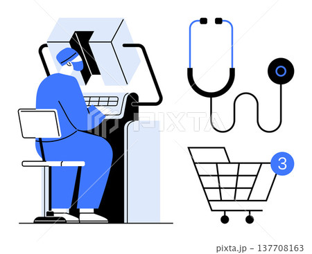 Telemedicine, e-commerce, online shopping, healthcare services, digital tools, remote diagnosis. A medical professional at a computer, stethoscope and shopping cart with notification. Telemedicine 137708163