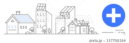 Renewable energy, healthcare access, urban planning, sustainable living, solar power, environmental awareness. Buildings with solar panels and a medical cross symbol. Renewable energy and healthcare Renewable energy, healthcare access, urban planning, sustainable living, solar power, environmental awareness. Buildings with solar panels and a medical cross symbol. Renewable energy and healthcare 137708164