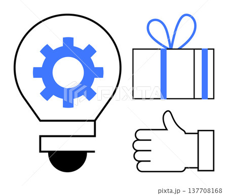 Innovation, business strategy, teamwork, productivity, achievements, motivation. Light bulb with gear, gift box and thumbs up icon. Innovation and business strategy concept 137708168
