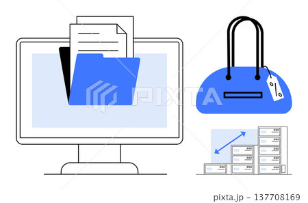 File management, e-commerce, online shopping, data storage, digital organization, pricing. Computer screen with an open folder, shopping bag and database illustration. File management and e-commerce 137708169