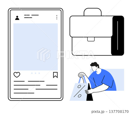 Digital marketing, retail shopping, online business, customer engagement, professional tools, social apps. Smartphone layout, briefcase and figure with shopping bags. Digital marketing and retail 137708170