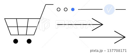 E-commerce, transaction security, payment verification, online shopping, digital buying process, financial technology. Shopping cart, progress indicator arrows and a verification mark. E-commerce 137708171