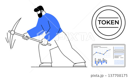 Blockchain technology, cryptocurrency trading, token economy, cryptographic security, digital assets, finance trends. Miner using pickaxe, token symbol financial chart. Cryptocurrency and blockchain 137708175