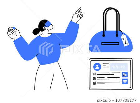 E-commerce, identity protection, fashion industry, customer data, online shopping, retail technology. Person gesturing, bag with tag and data on a screen. E-commerce and identity protection concept 137708177